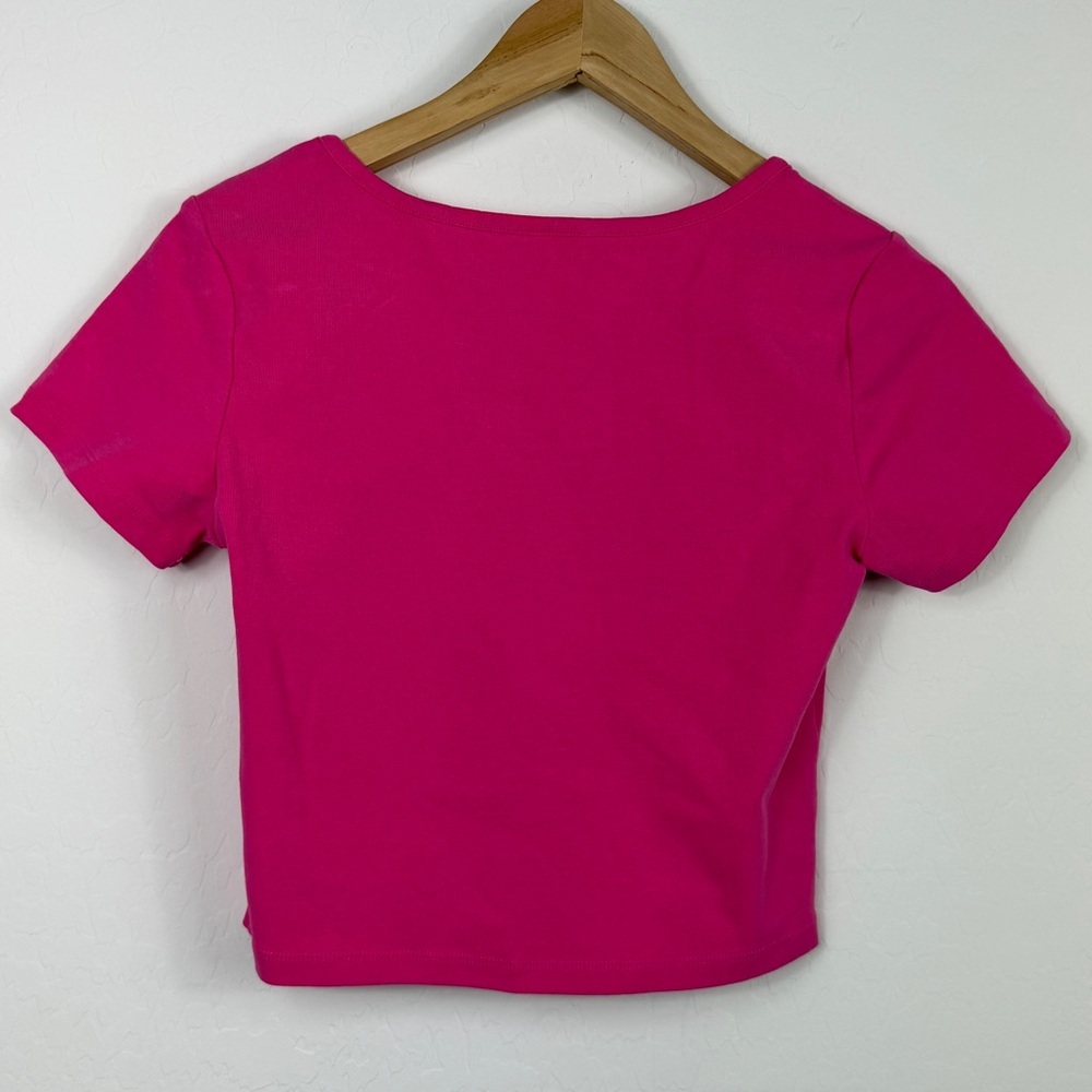 Pink Scoop Neck Crop Top Short Sleeve Cotton Spandex Tee Womens Large - Picture 4 of 7
